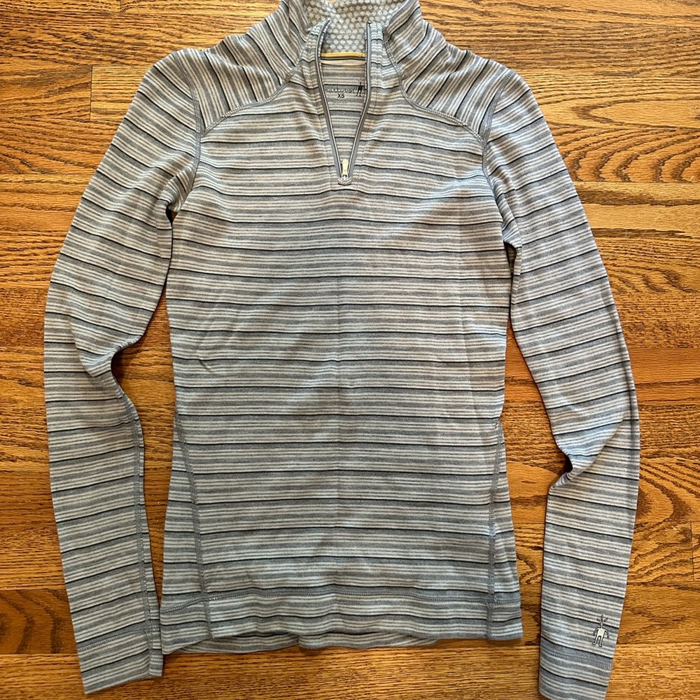 Smartwool Women's Gray and White Striped Merino 1/4 Zip Top